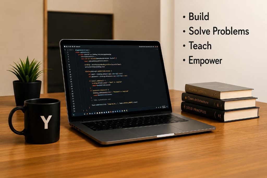 A developer workspace representing building, problem solving, teaching, and empowerment